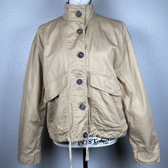 Anthropologie Bagatelle Sz S Cropped Utility Jacket Khaki Pockets Drawstring - Picture 6 of 13